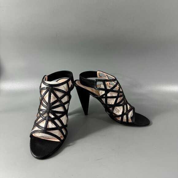 New Elie Tahari Black Leather Slingback Cage Lattice Heel Sandals, Size 37 - Picture 1 of 13